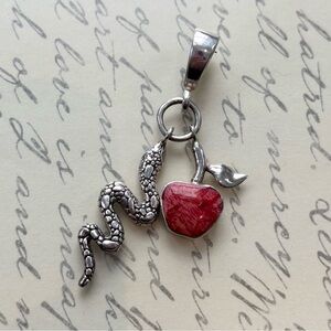 Sterling Silver Snake and Red Coral Apple Pendant